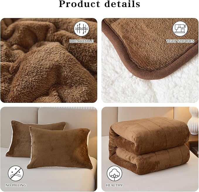 3-Layer Luxury Flannel Fleece Thick Bed Blanket King Size, Soft Plush Velvet Sherpa Blanket with 2 Pillow Shams Heavy Warm for Winter, Breathable n Washable, Brown