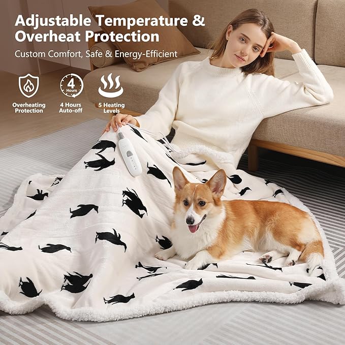 Electric Throw Blanket Heated Blanket Throw with 5 Heating Levels & 4 Hours Auto Off 50"x60" Cute Heated Throw Blanket with ETL & FCC Certification for Home Office, Machine Washable, Great Gift
