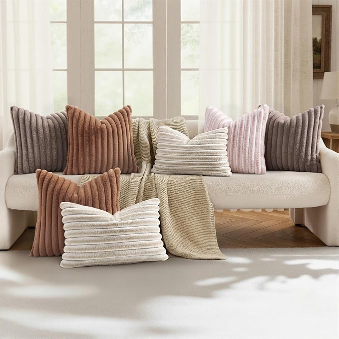 decorUhome Cozy Faux Fur Throw Pillow Covers 18x18 Set of 2 Decorative Soft Plush Striped Modern Farmhouse Boho Couch Pillow Cases with Velvet Back for Sofa Bed Living Room, Brown