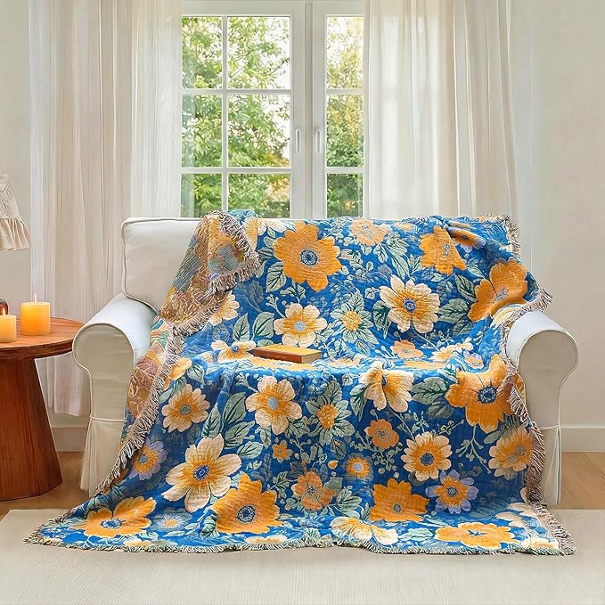 Boho Throw Blanket - 100% Cotton Ultra Soft Muslin Spring Blanket, 60"x80" Lightweight Floral Bird Framhouse Bedding Blanket for Bed, All Season Blue Bohemian Bedroom Home Decor Quilt