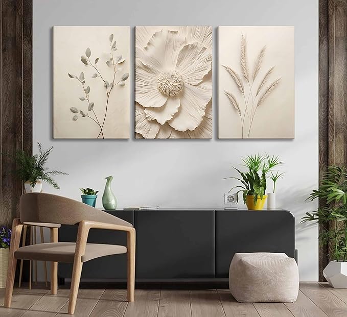 3Pcs Neutral Beige Floral Plant Canvas Wall art Textured Flower Botanical Painting Picture Wall Decor Vintage Blossom Poster Prints for Living Room Bedroom Bathroom Decoration