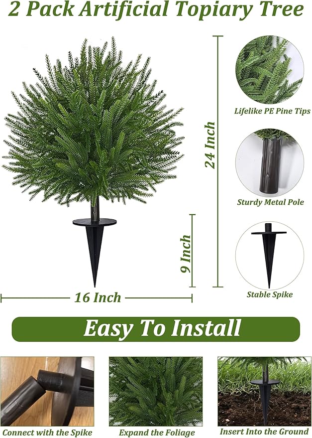 2 Pack 24'' Artificial Plants Topiary Ball Trees, Realistic Topiary with Spike Fake Bushes Faux Shrubs Plants Spring Pot Fillers Outdoor Front Porch Door Garden Yard Decorations