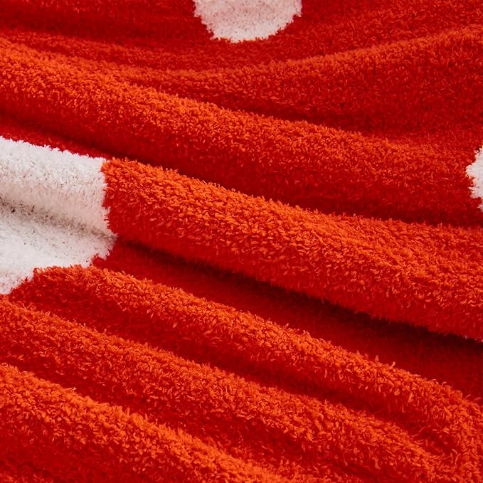 CozeCube Super Soft Fullfy Microfiber Reversible Knitted Blankets, Warm Cozy Fuzzy Plush Throw, Orange red and White Polka Dot Throw Blanket for Couch Bed Sofa, 50" x 60"