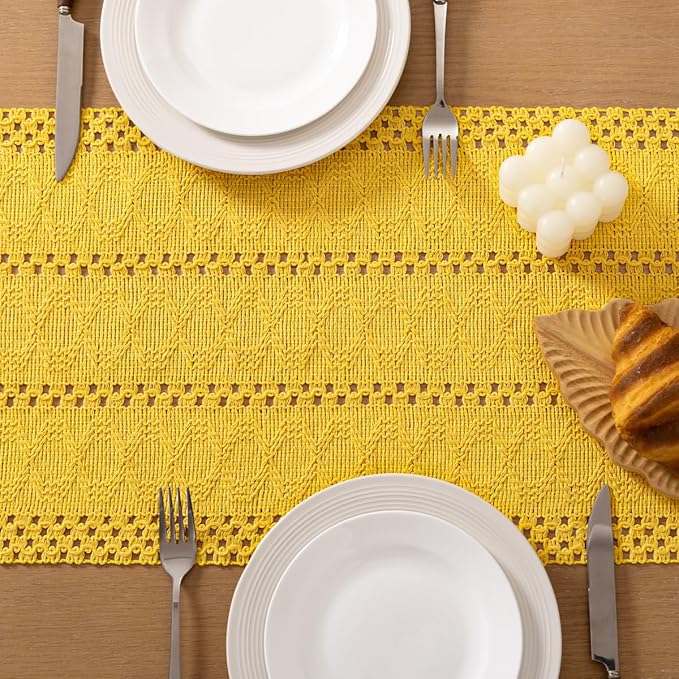 Socomi Boho Table Runner Easter Spring Farmhouse Rustic Dining Kitchen Centerpiece Decor Small Macrame Woven Cotton Linen Coffee Table Runner for Dresser Scarf Home Decor 12x36 in Yellow Gold