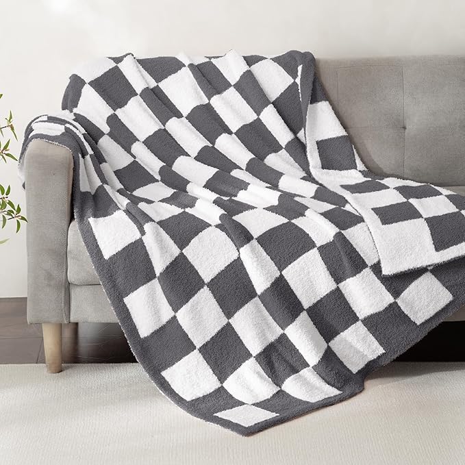Whale Flotilla Checkered Knit Throw Blanket, Ultra Soft Warm Reversible Cozy Decorative Blankets for Couch Sofa and Bed, 50x60 Inch, Grey