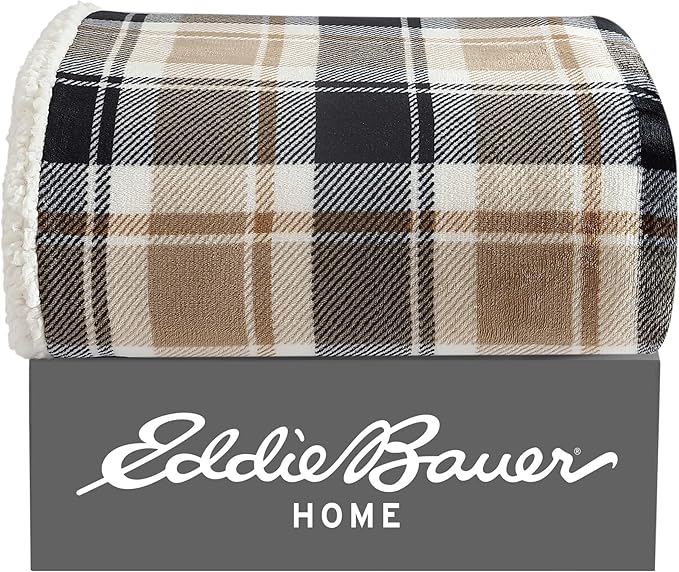 Eddie Bauer - Throw Blanket, Brushed Fleece & Plush Sherpa Bedding, Blanket for Couch & Bed (Rugged Plaid Beige, 50" x 60")