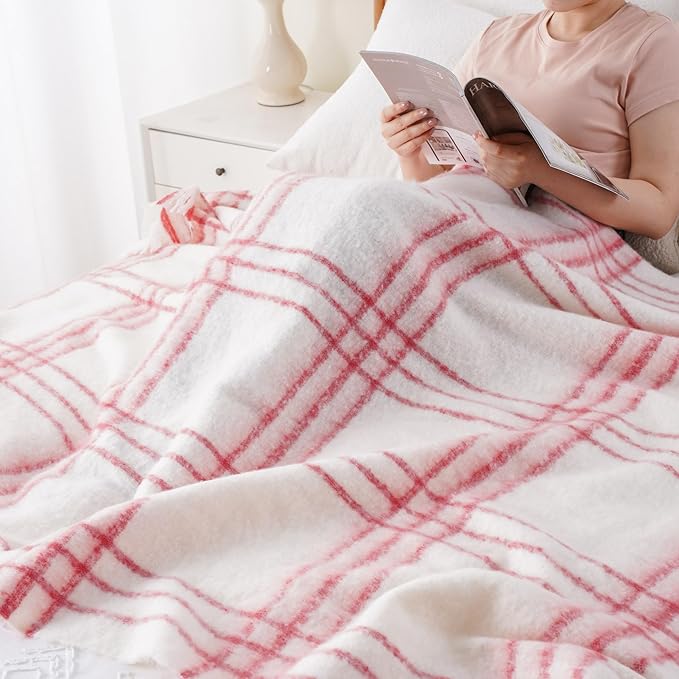 BATTILO Cream Plaid Throw Blanket for Couch Bed, Farmhouse Mohair Blankets Throws, Soft Cashmere Tartan Plaid Throws, Red Christmas Stripe Throw Blankets for Home Decor(50"x60")