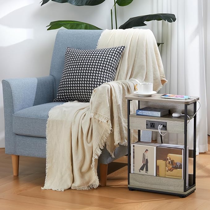 Narrow Side Table with Charging Station, 3-Tier End Table with 2 USB Ports & Power Outlets,Thin Sofa Side Table for Narrow and Small Spaces, Bedside Table Nightstand for Living Room,Oak