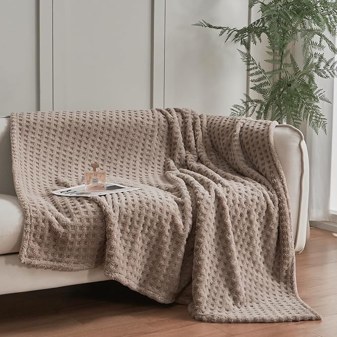 Soft Cozy Fuzzy Fleece Queen Size Blanket, Waffle Light Taupe, 90x90 Inches – Lightweight, Fluffy, and Warm 3D Jacquard All-Season Blanket for Bed, Couch, Sofa, Camping, and Travel