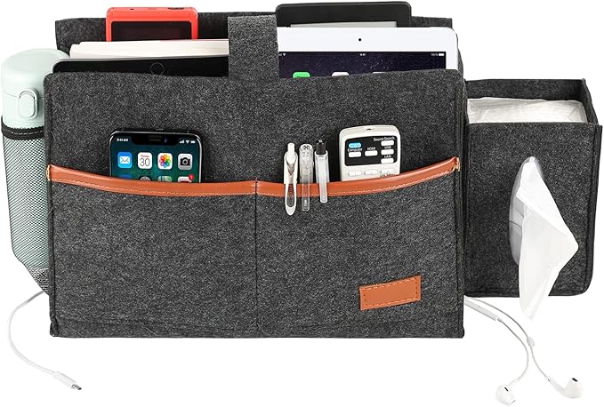 Surblue Bedside Caddy Felt Storage Organizer Hanging Bag with Tissue Box and Water Bottle Pocket for Mattress, Sofa, Bunk Bed, Dark Gray