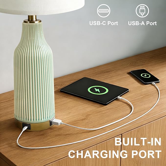 24.5" Modern 3-Way Dimmable Touch Control with 5FT Cord and USB A+C Ceramic Lamps Set of 2 Table Lamp for Living Room Bedroom Farmhouse Nightstand Bedside Green