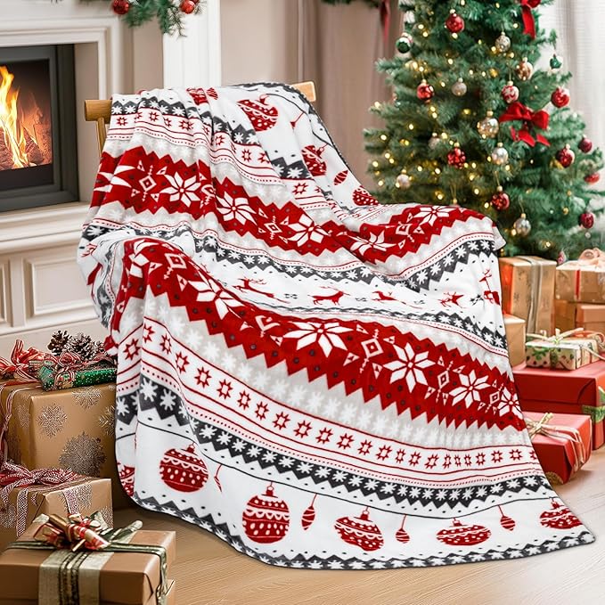 MACEVIA Christmas Throw Blanket for Couch, Holiday Christmas Reindeer Snowflakes Flannel Fleece Blanket, Soft, Cozy, Plush, Warm Winter Cabin Throw Decor, (Red Reindeer, 50x60inches)