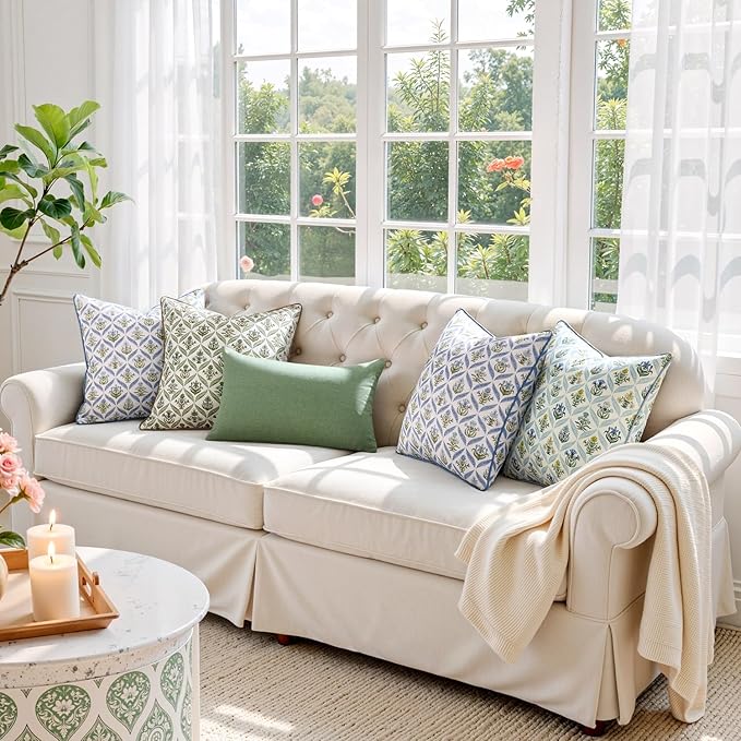 MIULEE Floral Throw Pillow Covers 18x18 Set of 2 Light Blue Spring Decorative Block Print Cotton Cushion Covers for Couch Living Room, Modern Outdoor Sofa Vintage Garden Pillowcases Home Decor