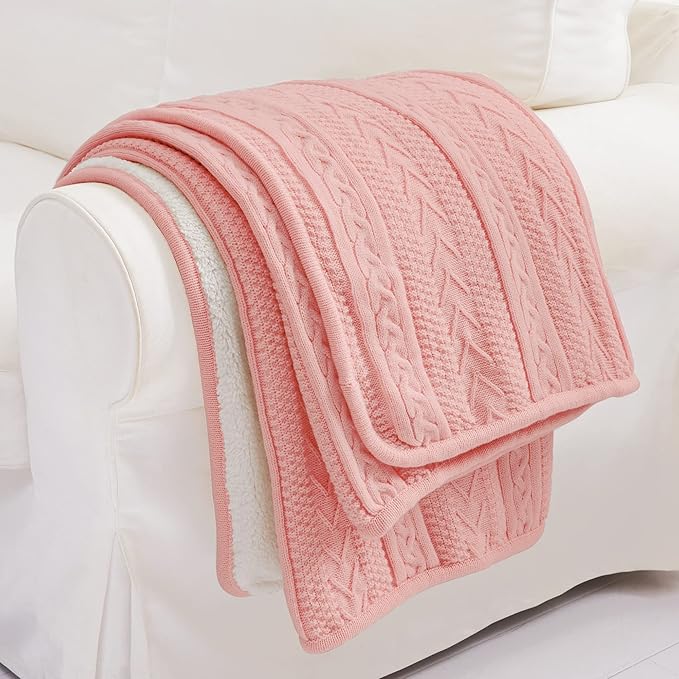 Longhui bedding Acrylic Pink Cable Knit Sherpa Throw Blanket - Thick, Soft, Big, Cozy Knitted Fleece Blankets for Couch, Sofa, Bed - Large 60 x 80 Inches Coverlet All Season