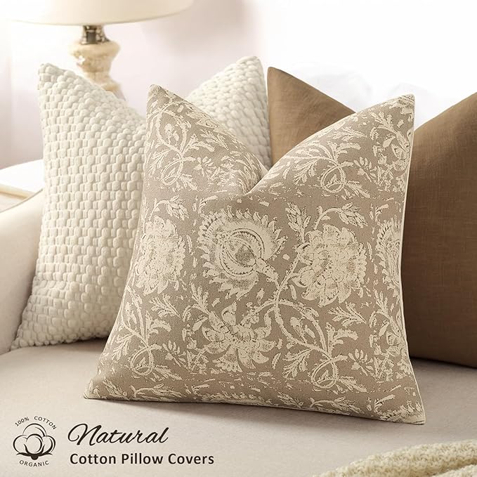 Vintage Floral Print Throw Pillow Covers 16x16 Set of 2 Neutral Modern Farmhouse Pillowcases Accent Decorative Cushion Covers Boho Home Decor for Couch Sofa Chair Bed Living Room, Latte