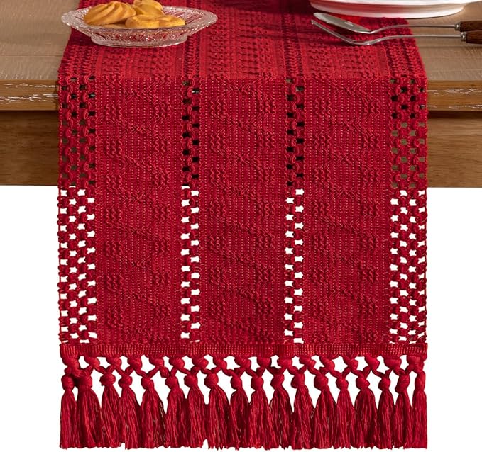 Socomi Boho Table Runner Easter Spring Farmhouse Rustic Dining Kitchen Centerpiece Decor Small Macrame Woven Cotton Linen Coffee Table Runner for Dresser Scarf Home Decor 12x60 in Red