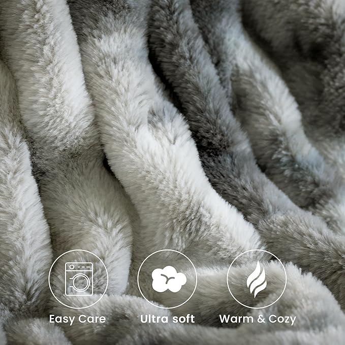 Ultra Soft Faux Rabbit Fur Throw Blanket, Cozy Fuzzy Blanket for Couch Bed, Plush Warm Decor Gifts, Luxury Thick Fluffy Blanket for Women, 50x60 inches, Tie-Dyed in Gray