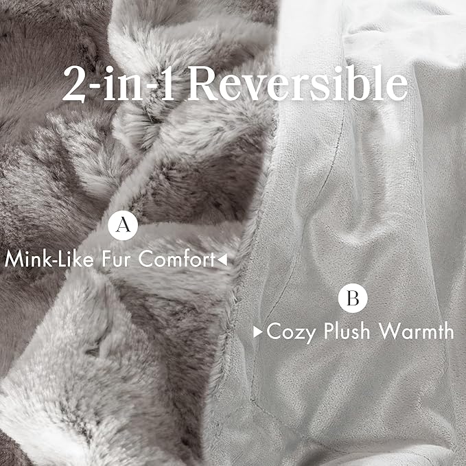Madison Park Throw Blanket, Soft Faux Fur Blanket Plush Reversible Throw Home Decor, Luxuriously Soft All Seasons Fuzzy & Cozy Blanket, Knitted Throw for Couch, Bed Blanket, Zuri, 50x60 Grey
