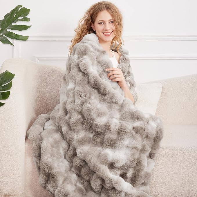 Comelady Faux Rabbit Fur Throw Blanket,Soft Fluffy Thick Bubble Blanket for Couch Bedroom Living Room Decor-Lightweight Cozy Fuzzy Twin Blanket for Women Men,Tie-dye Brown,60"×80"