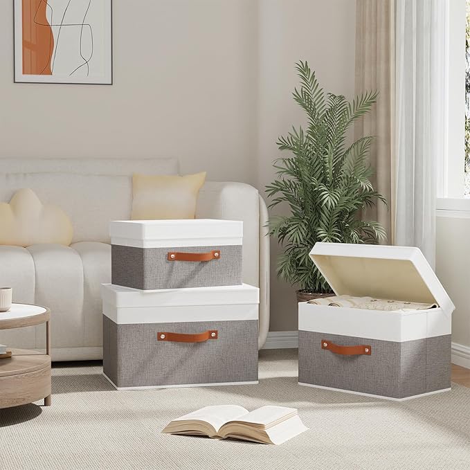 Fabric Storage Bins with Lids, Linen Collapsible Boxes, Storage Baskets with Double Handles, White and Grey, 5 Pack, 13 x 9.1 x 7.9 Inch