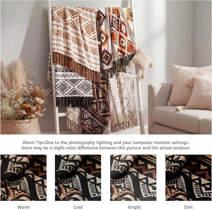 CASAAGUSTO Boho Throw Blanket - Brown Black Decorative Blankets with Tassel, Printed Flannel Bohemian Blanket for Chair, Bed, Sofa, Couch(60 * 80, Brown Black)