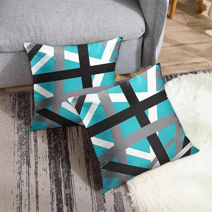 Emvency Set of 2 Throw Pillow Cover Turquoise Black Stripes Grey White Design Retro Teal Decorative Pillow Case Striped Home Decor Square 18x18 Inch Cushion Pillowcase