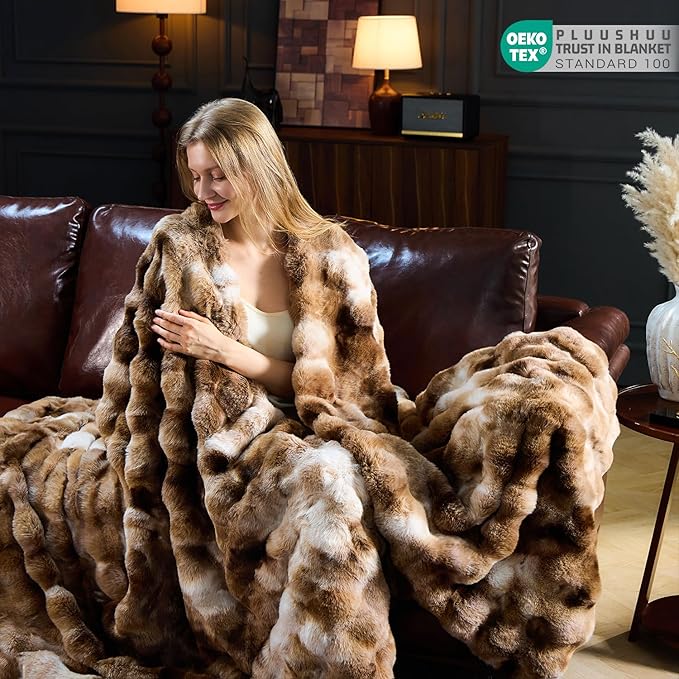 Faux Fur Throw Blanket for Couch, Fluffy Fuzzy Plush Bubble Blanket, Soft Warm Cozy Shaggy Rabbit Blanket, Luxury Decorative Gifts for Sofa Bedroom Living Room, 108x90inch (Tie-Dye-Brown)