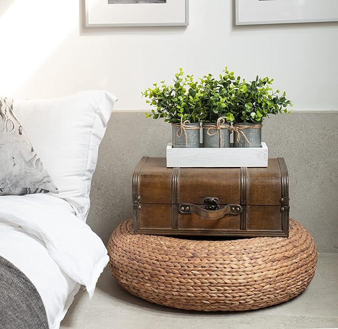 Dahey Decorative Galvanized Metal Pots Centerpiece Decor Wood Tray with Artificial Plant, 3 Buckets with Eucalyptus, Rustic Farmhouse Home Decor for Coffee Table Dining Living Room Kitchen Bath, White
