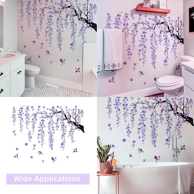 Lilac Wall Decoration Large Cherry Blossom Tree Wall Stickers, 4 Sheets Spring Purple Flower Bird Wall Decals Peel and Stick Wall Murals Decor for Living Room Bedroom (Purple, 11.8 * 35.4inch)