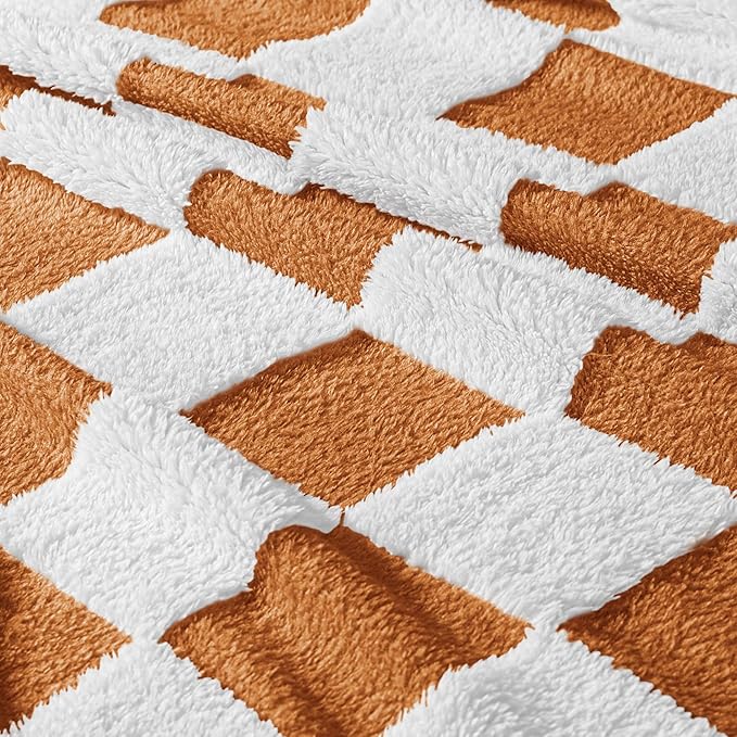 Exclusivo Mezcla Fleece Blanket Queen, Cozy Lightweight Fuzzy Checkered Blanket for Bed, Suitable for All Seasons, Coral Orange, 90" x 90"