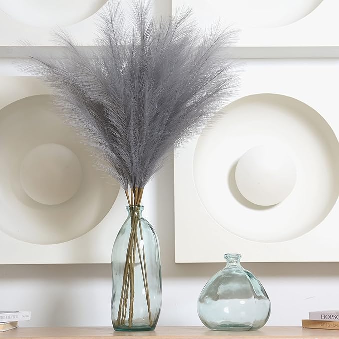 Faux Pampas Grass, Set of 9 Stems 37'' Tall Fluffy Fake Pompas Floral, Large Artificial Pompous Branches for Floor Vase Fillers, Pompas Decorativas, Boho Farmhouse Wedding Home Decor(Grey)