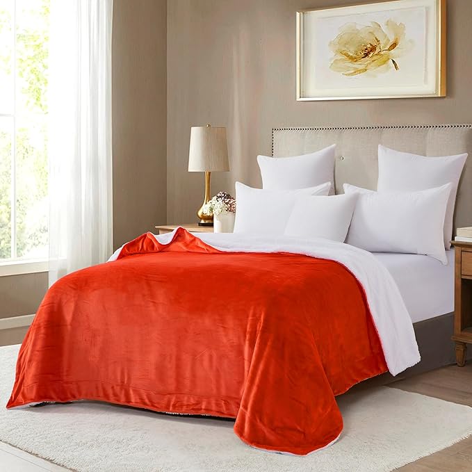 Mocassi Premium Ultra-Soft Flannel Fleece Sherpa Throw Blanket - Warm Cozy Reversible Plush Micromink Blanket for Couch, Bed and Sofa - Fluffy, Christmas Winter Bedding Gift, Queen, Orange