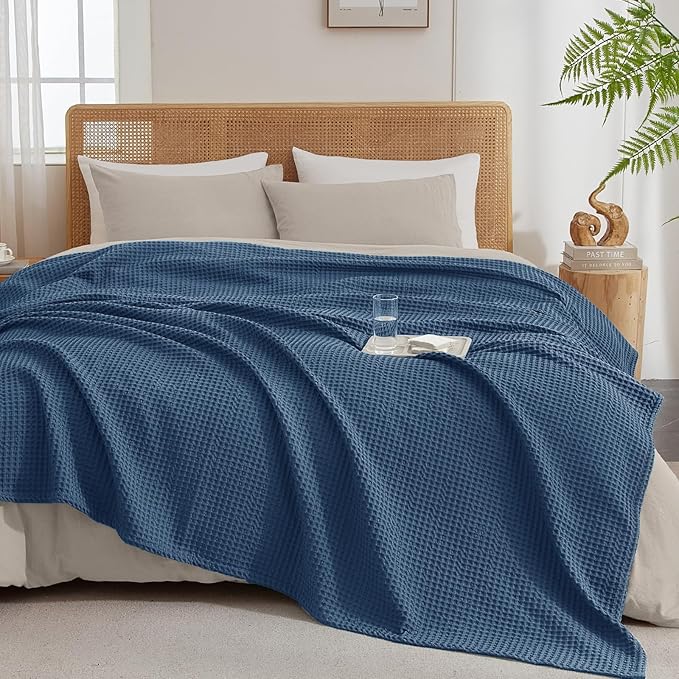 PHF Ultra Soft Waffle Weave Blanket Twin Size 66"x 90"- Washed Lightweight Breathablee Cozy Woven Blanket - Great for Couch Bed Sofa Home Car - Navy Blue