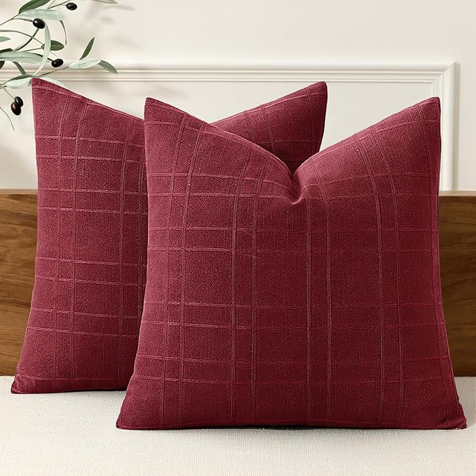 MIULEE Decorative Linen Check Euro Shams Throw Pillow Covers Neutral Farmhouse Vintage Pillow Covers 24x24 Set of 2 Boho Modern Home Decor for Sofa Couch Bedroom Cushion Burgundy