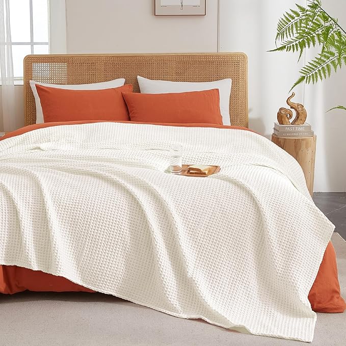 PHF Ultra Soft Waffle Weave Blanket King Size 104"x 90"- Washed Lightweight Breathable Cozy Woven Blanket for Bed - Aesthetic Decor for Couch Bedding Sofa Home Car - Coconut White