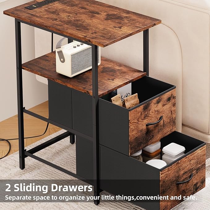 Somdot End Table with Charging Station,Narrow Side Table with 2 Fabric Drawers,Skinny Nightstand with Storage,Small Slim Bedside Table for Living Room,Sofa,Bedroom,Couch,Wood Grain Print