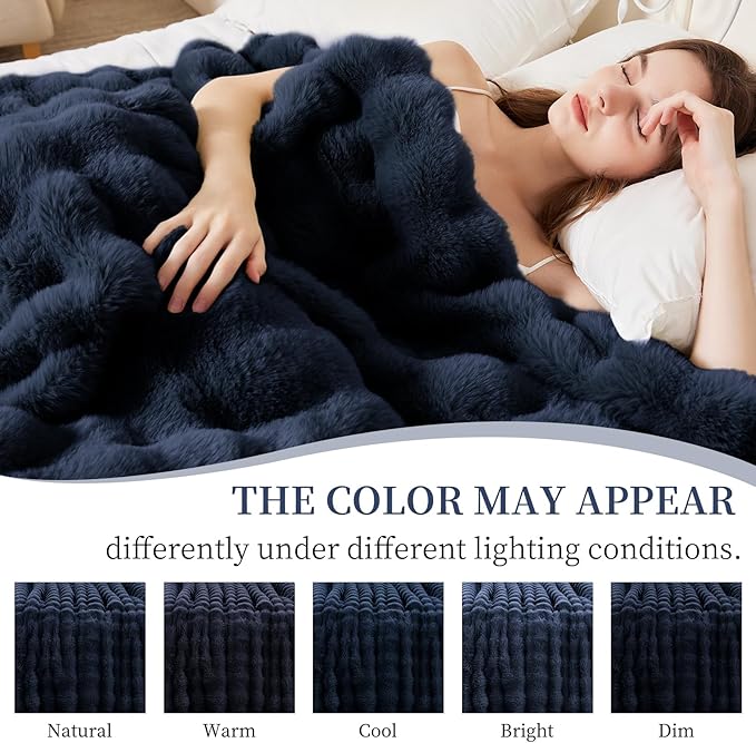 Faux Rabbit Fur Throw Blanket for Couch, Fluffy Warm Plush Thick Bubble Blanket for Bed Sofa Living Room, Soft Cozy Furry Blanket, 50x60 inches, Navy Blue