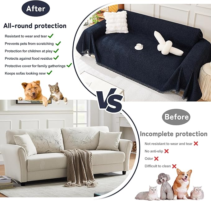 HANDONTIME Navy Blue Sofa Cover with Non-Knot Tassels, Soft & Durable Couch Slipcover for 3 Cushion Sofa, Couch Cover for Dogs Washable Pet-Friendly Sofa Protector,Chenille Sofa Covers, 71"x134"