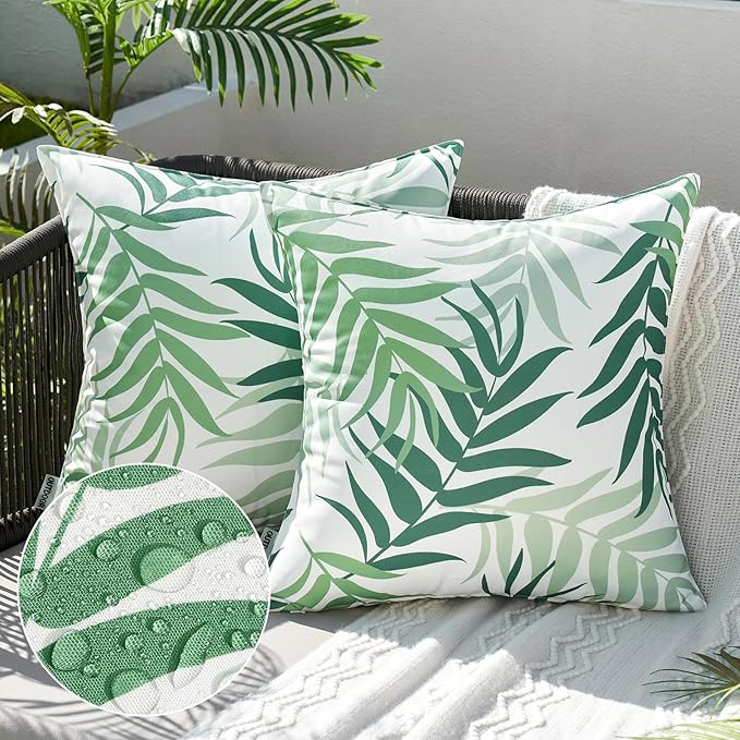 MIULEE Pack of 2 Decorative Outdoor Waterproof Throw Pillow Covers Patio Pillow Cases Natural Leaves Pattern Spring Square Cushion Shams Shell for Garden Balcony Couch 16x16 Inch, Sage Green