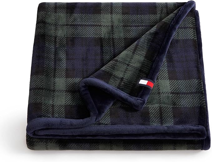 Tommy Hilfiger - Blanket, Ultra-Soft Plush Throw Blanket for Bed or Couch, Cozy Bedding with Solid Reverse & Tailored Hem, Medium Weight for Year Round Comfort (Edinburgh Tartan Blue, 50" x 70")