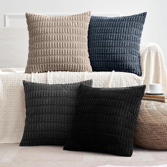 MIULEE Pack of 4 Modern Coastal Western Corduroy Decorative Throw Pillow Covers 18x18 Inch Soft Striped Pillow Covers Home Decor for Sofa Living Room Couch Bed Black and Blue