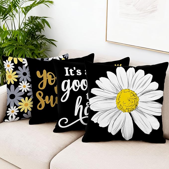 Hexagram Spring Summer Pillow Covers 18x18 Set of 4, Outdoor Floral Daisy Decorative Black Throw Pillow Covers, You are My Sunshine Farmhouse Cushion Case for Couch Sofa Indoor Home Decor(No Insert)