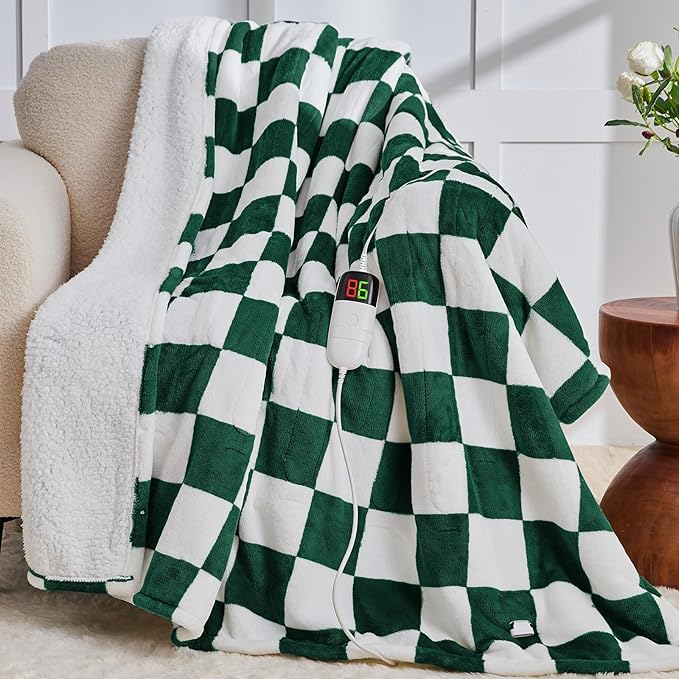 Heated Electric Blanket Throw, 50X60 Heating Blanket with 10 Heat Level & 8 Hours Auto Off for Lap, Dark Green Checkered Plaid Soft Sherpa Blankets for Mom Grandma Women Couch