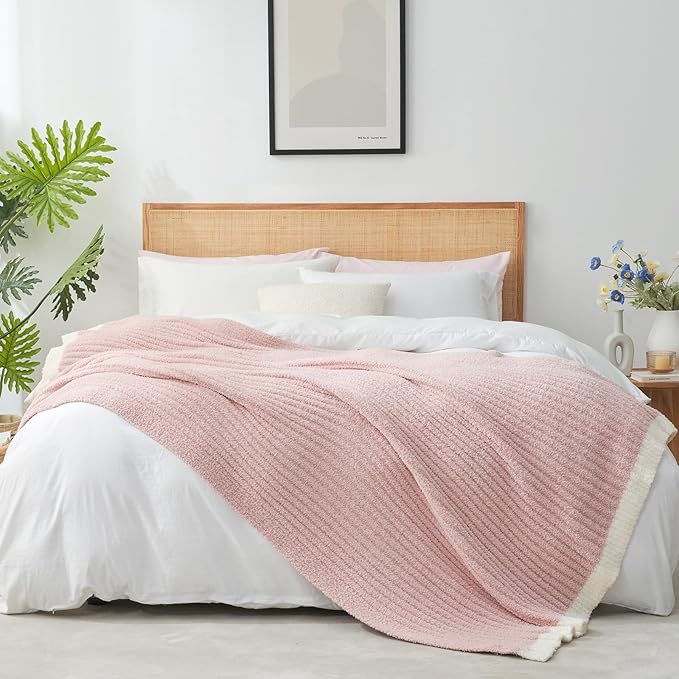 Snuggle Sac Spring Pink Throw Blanket for Couch, Soft Cozy Ribbed Fluffy Blankets for Women, Warm Microfiber Knit Cute Throws for Girls Daughter Women Gifts for Mom, Pink, 50x60 inches