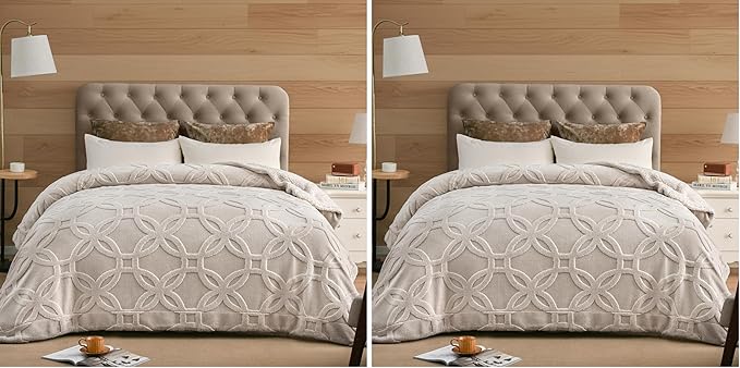 PHF Soft Sherpa Fleece Blanket Queen Size for Bed, 510GSM Fleece Lightweight Yet Warm Blanket, No Shed No Pilling, 90" x 90", Tufted Jacquard Cozy Thick Bed Throw for Home Decor Gift, Oak (Pack of 2)