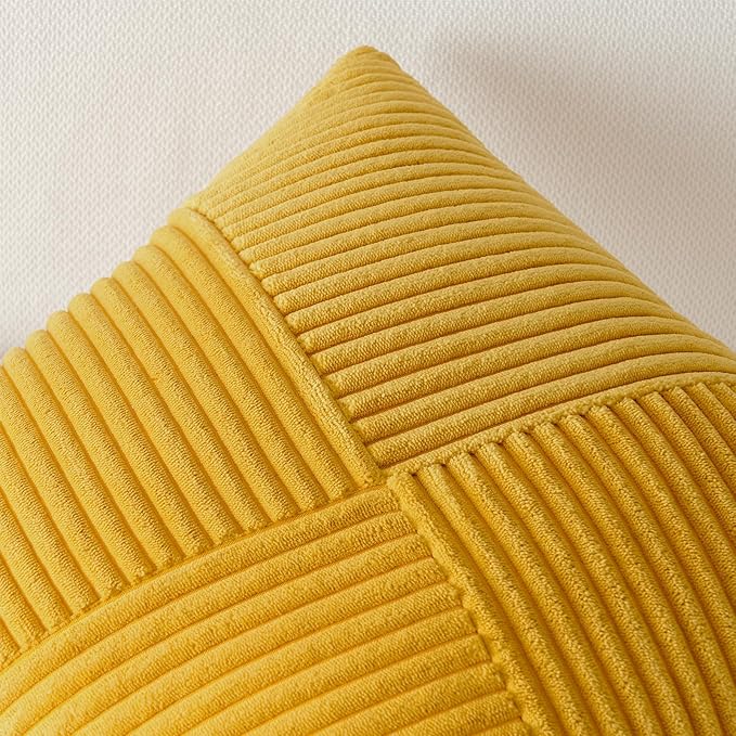 Topfinel Set of 2 Decorative Yellow Throw Pillow Covers 20x20 Inch for Couch Sofa Bed, Rustic Farmhouse Boho Home Decor, Soft Corduroy Windmill Textured Striped Patchwork Cushion Cases