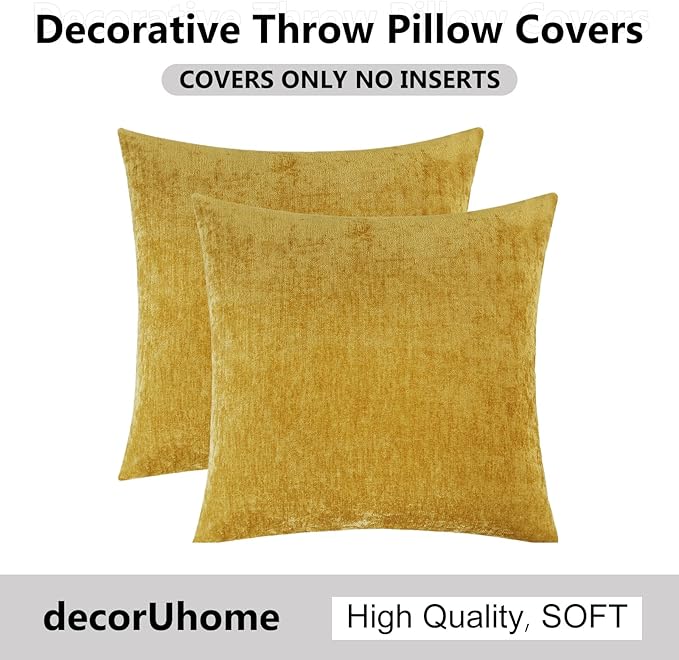 decorUhome Chenille Mineral Yellow Throw Pillow Covers 22x22 Inch Set of 2, Decorative Soft Couch Pillow Covers Solid Dyed Accent Farmhouse Neutral Square Pillow Cases for Sofa