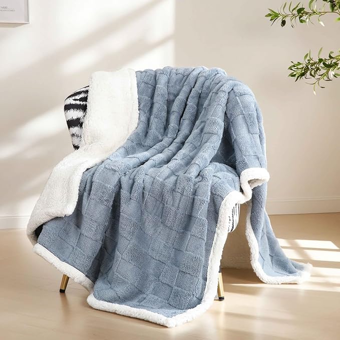 Sherpa Throw Blanket for Couch, Flannel Cozy Soft Thick Blanket for Bed - Fleece, Dirty Blue, 60x80 Inches