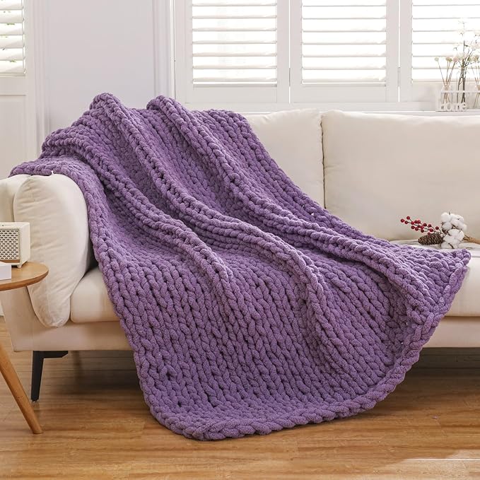 WESHIONGOO Chunky Knit Blanket Throw Knitted Throw Blankets for Couch Bed Fluffy Soft Blanket with Jumbo Chenille Yarn Thick 100% Handmade (Purple, 51"×63")