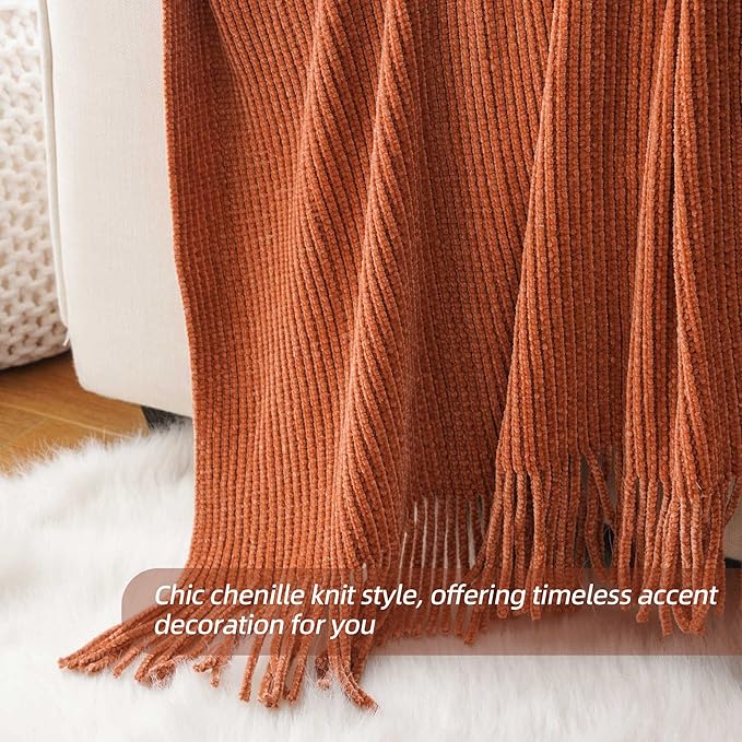 BATTILO HOME Rust Orange Throw Blanket for Couch, Soft Chenille Knit Throws with Tassels for Home Decor, Fall Caramel Throws for Couch Cover, 60"x80"